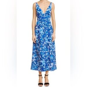 LELA ROSE Ruched Floral Print V-neck Midi Dress In Sky